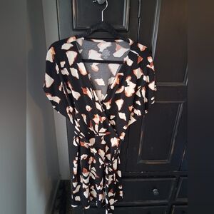 Black and Orange Patterned Wrap Dress